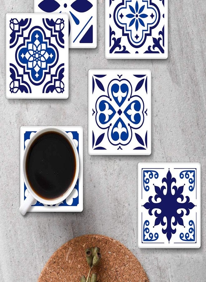 Bribay Coasters for Drinks Set of 6, Navy Blue Ceramic Tiles Geometric Pattern Absorbent Square Ceramic Stone Mat, with Cork Base and Metal Holder, Gift for Housewarming Room Bar Decor - Image 5